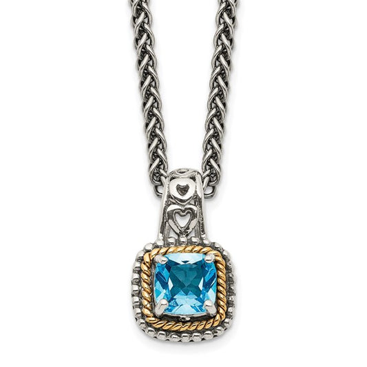 Sterling Silver with 14K Accent Antiqued Cushion Sky Blue Topaz Necklace