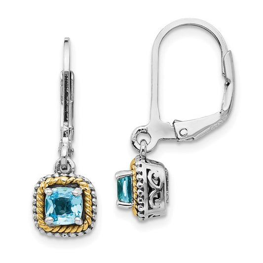 Sterling Silver with 14K Accent Antiqued Cushion Blue Topaz Dangle Earrings