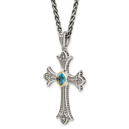 Sterling Silver with 14K Accent Antiqued Round London Blue Topaz & Diamond Cross Necklace