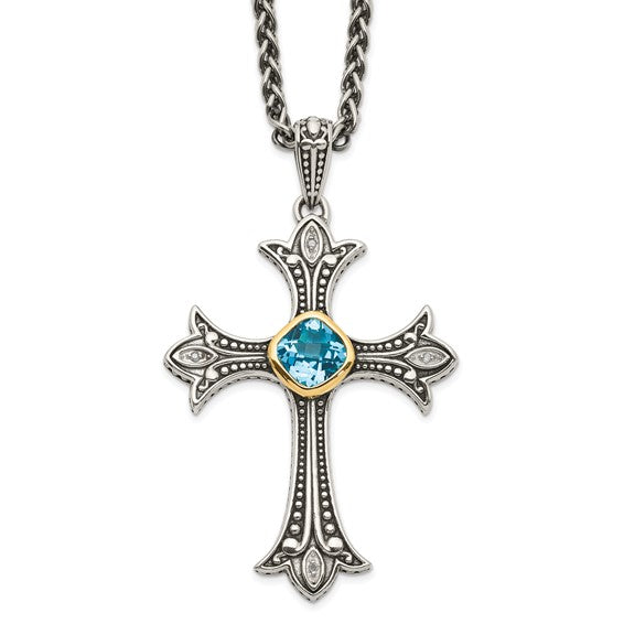 Sterling Silver with 14K Accent Antiqued Round London Blue Topaz & Diamond Cross Necklace
