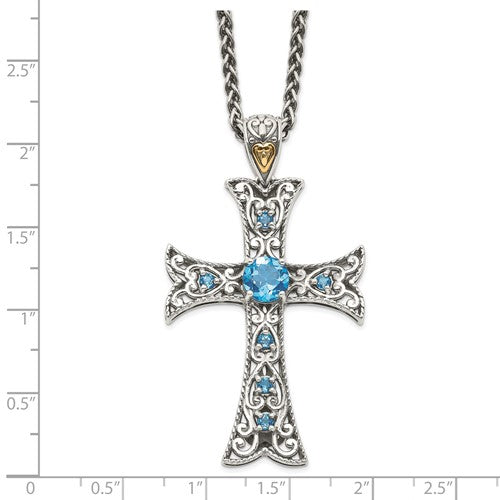 Sterling Silver with 14K Accent Antiqued Round Sky Blue Topaz Cross Necklace