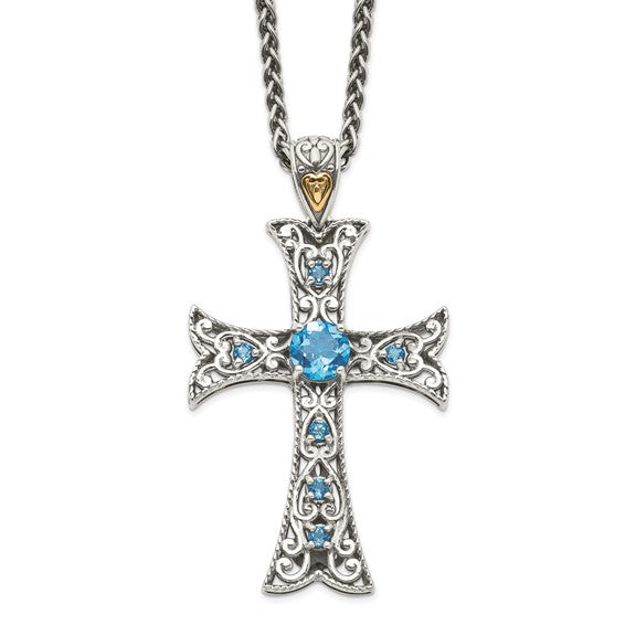 Sterling Silver with 14K Accent Antiqued Round Sky Blue Topaz Cross Necklace