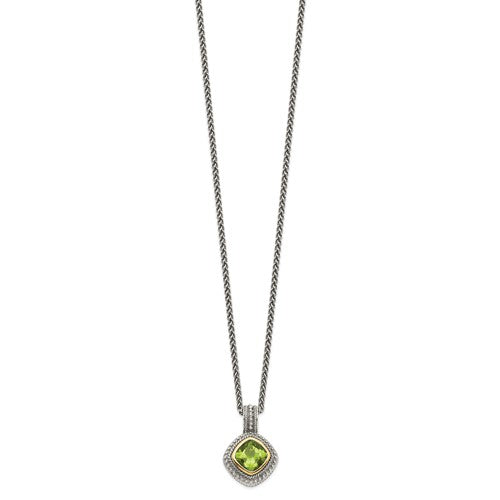 Sterling Silver with 14K Accent 18 Inch Antiqued Cushion Bezel Peridot Necklace