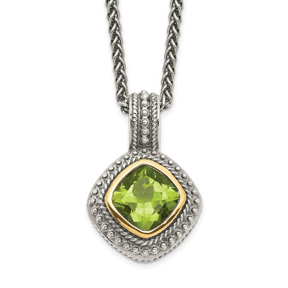 Sterling Silver with 14K Accent 18 Inch Antiqued Cushion Bezel Peridot Necklace
