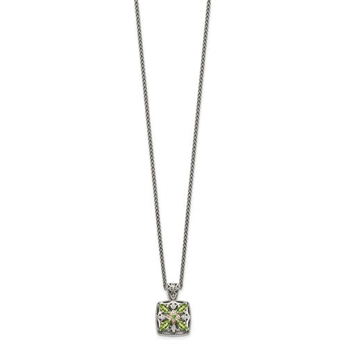 Sterling Silver with 14K Accent 18 Inch Antiqued Peridot & Diamond Necklace