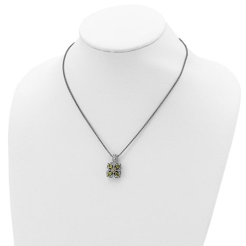 Sterling Silver with 14K Accent 18 Inch Antiqued Peridot & Diamond Necklace