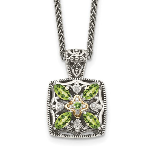 Sterling Silver with 14K Accent 18 Inch Antiqued Peridot & Diamond Necklace