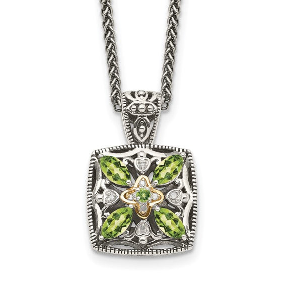 Sterling Silver with 14K Accent 18 Inch Antiqued Peridot & Diamond Necklace