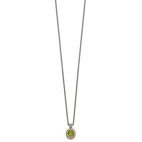 Sterling Silver with 14K Accent Antiqued Oval Peridot Necklace