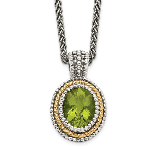 Sterling Silver with 14K Accent Antiqued Oval Peridot Necklace