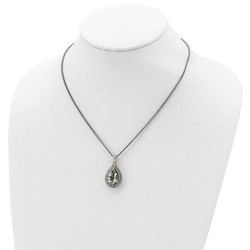 Sterling Silver with 14K Accent Antiqued Pear Green Amethyst & Diamond Necklace
