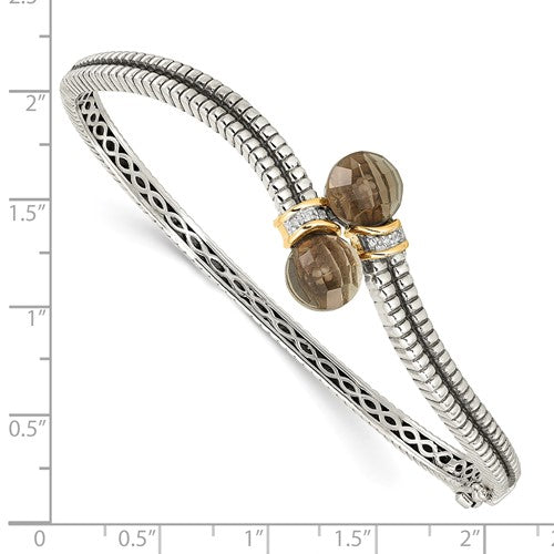 Sterling Silver with 14K Accent Antiqued Smoky Quartz & Diamond Hinged Bangle
