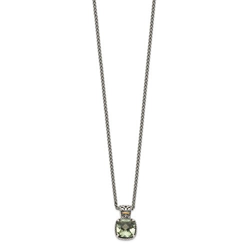 Sterling Silver with 14K Accent Antiqued Cushion Green Amethyst Necklace