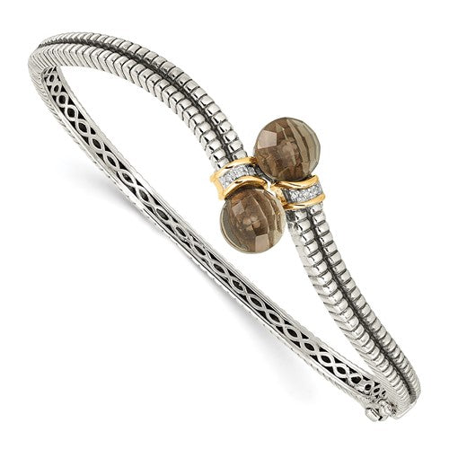 Sterling Silver with 14K Accent Antiqued Smoky Quartz & Diamond Hinged Bangle