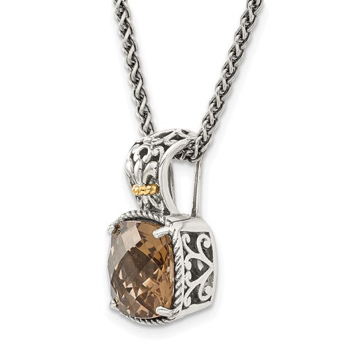 Sterling Silver with 14K Accent Antiqued Cushion Smoky Quartz Necklace