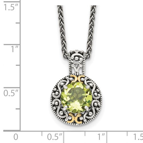 Sterling Silver with 14K Accent Antiqued Round Lemon Quartz Necklace