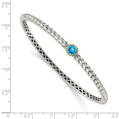 Sterling Silver with 14K Accent Antiqued Round Swiss Blue Topaz Hinged Bangle