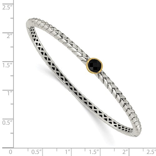 Sterling Silver with 14K Accent Antiqued Round Onyx Hinged Bangle