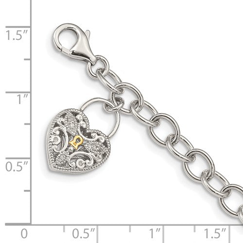 Sterling Silver with 14K Accent 7.5 Inch Diamond Heart Lock and Key Bracelet