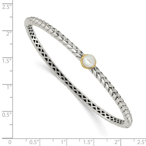 Sterling Silver with 14K Accent Antiqued Freshwater Pearl Hinged Bangle