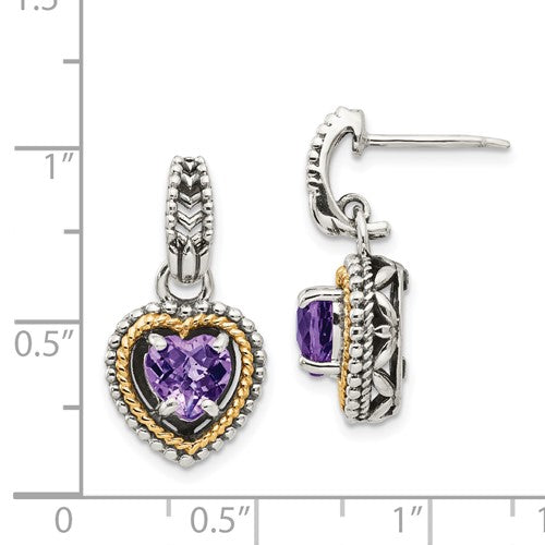 Sterling Silver with 14K Accent Antiqued Heart Amethyst Dangle Earrings