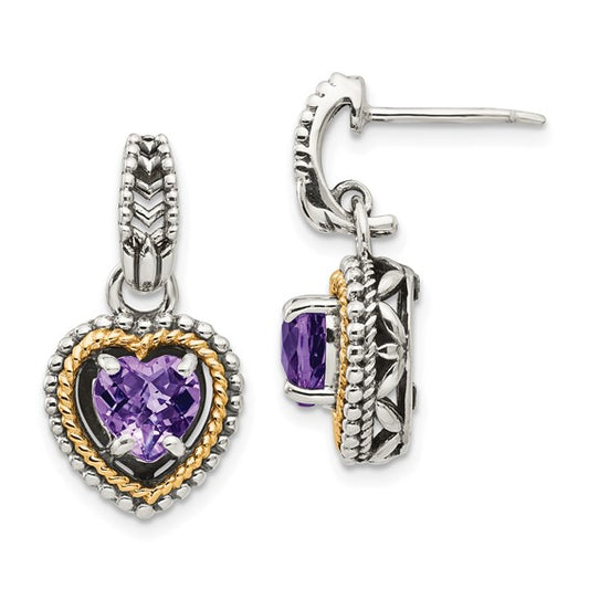 Sterling Silver with 14K Accent Antiqued Heart Amethyst Dangle Earrings