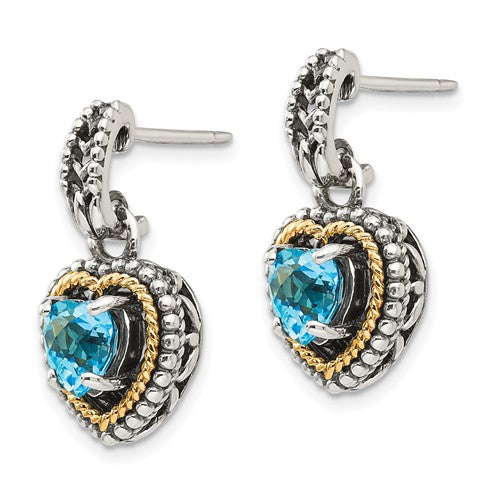 Sterling Silver with 14K Accent Antiqued Heart Blue Topaz Dangle Earrings