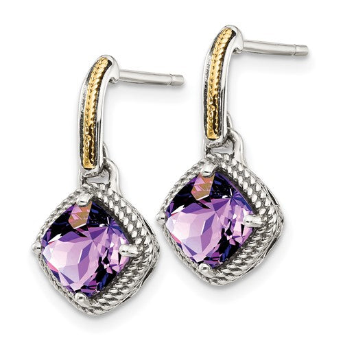 Sterling Silver with 14K Accent Cushion Amethyst Dangle Earrings