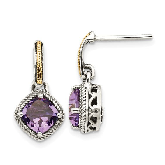 Sterling Silver with 14K Accent Cushion Amethyst Dangle Earrings