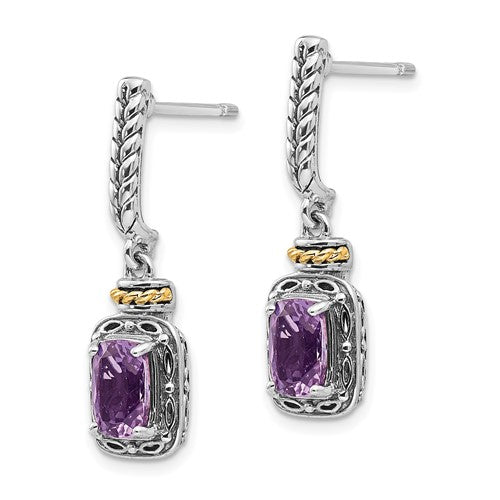 Sterling Silver with 14K Accent Cushion Amethyst Dangle Earrings