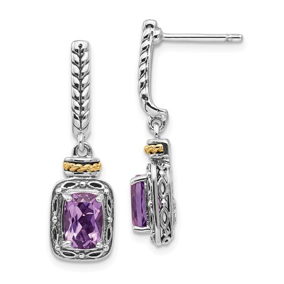 Sterling Silver with 14K Accent Cushion Amethyst Dangle Earrings