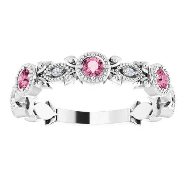 Cherry Blossom Pink Tourmaline and Diamond Leaf Ring