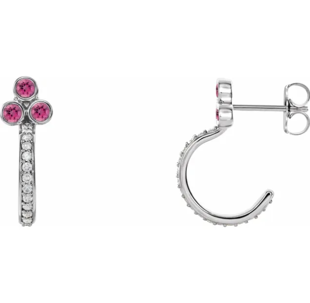 Poppy Pink Tourmaline & Diamond J Hoop Earrings
