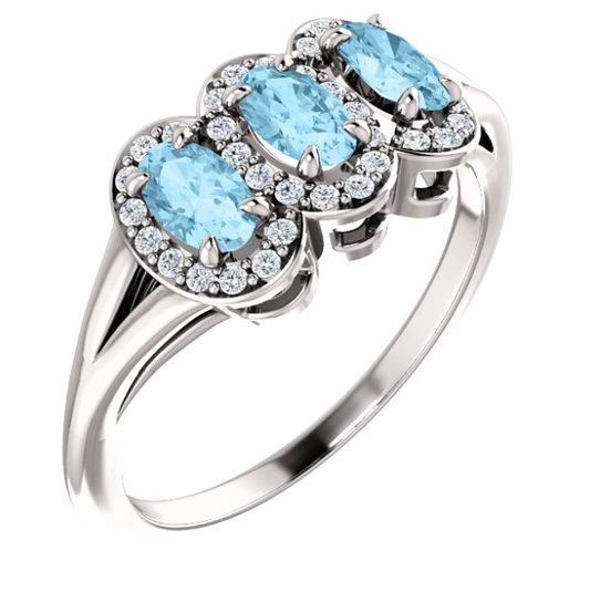 Plumeria Three Stone Aquamarine and Diamond Ring