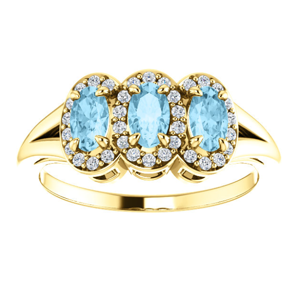 Plumeria Three Stone Aquamarine and Diamond Ring
