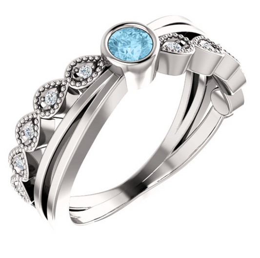 Aquamarine and Diamond Cross Over Ring