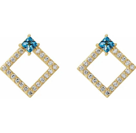 Dahlia Square Aquamarine & Diamond Earrings