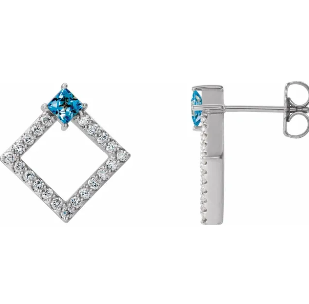 Dahlia Square Aquamarine & Diamond Earrings