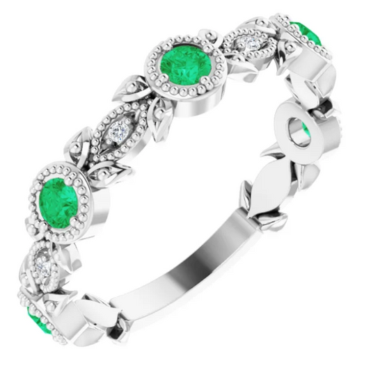 Cherry Blossom Emerald Diamond Leaf Ring