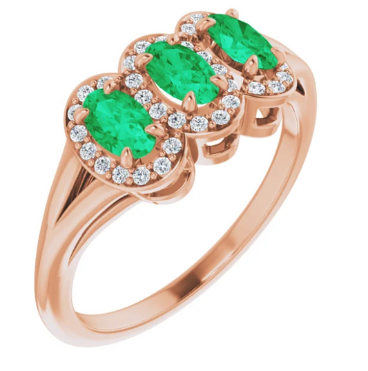 Plumeria Three Stone Emerald and Diamond Ring