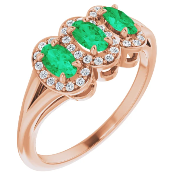 Plumeria Three Stone Emerald and Diamond Ring