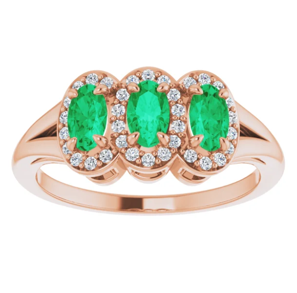 Plumeria Three Stone Emerald and Diamond Ring