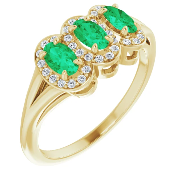 Plumeria Three Stone Emerald and Diamond Ring