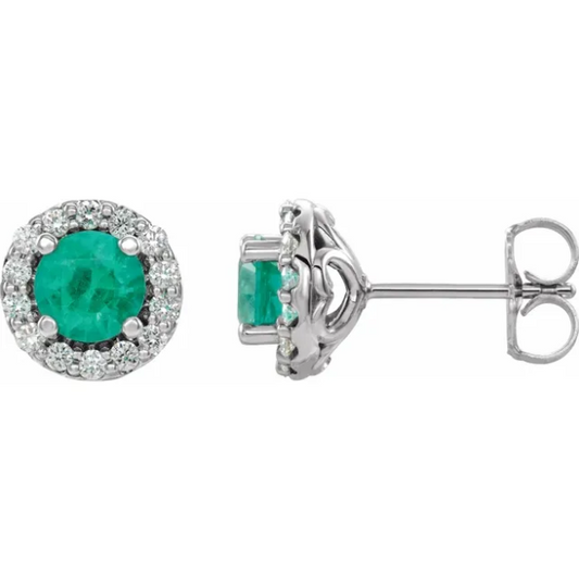 Rose Emerald & Diamond Halo Style Earrings