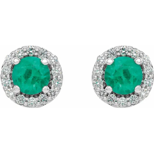 Rose Emerald & Diamond Halo Style Earrings