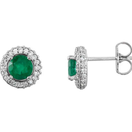 Orchid Emerald & Diamond Halo Style Earrings