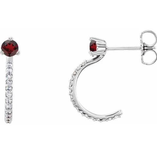 Lilac Garnet & Diamond J Hoop Earrings