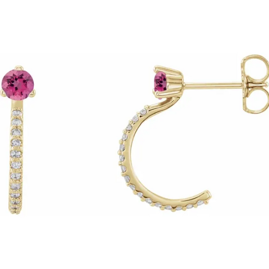 Lilac Pink Tourmaline & Diamond J Hoop Earrings