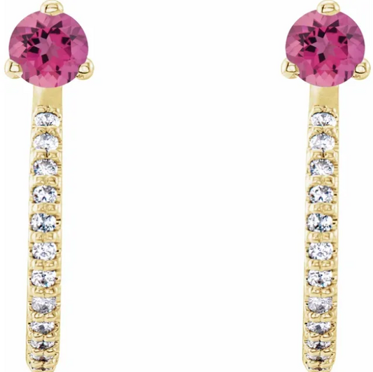 Lilac Pink Tourmaline & Diamond J Hoop Earrings