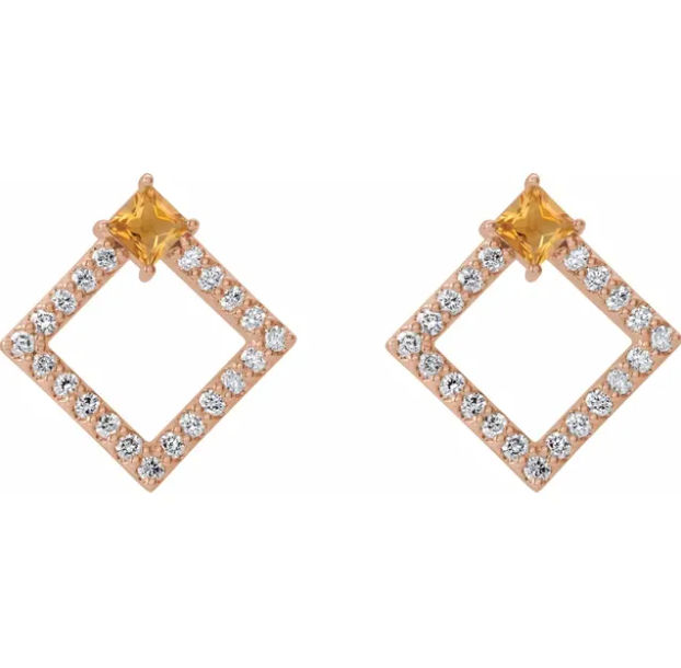 Dahlia Square Citrine & Diamond Earrings
